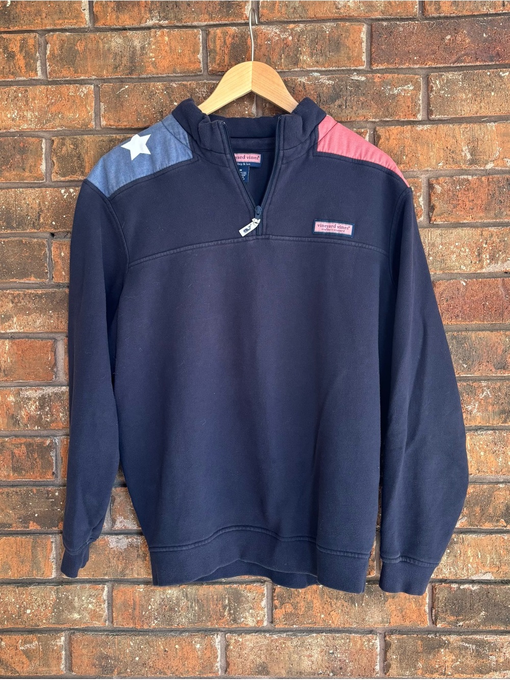 Vineyard Vines Navy Quarter-Zip Pullover with Red, White, & Blue Shoulder Detail